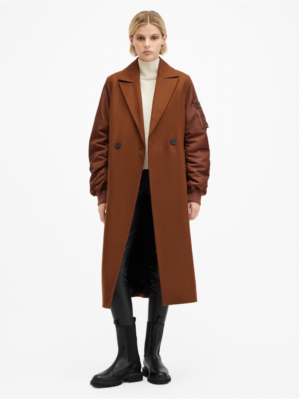 AllSaints Brown Long Coat with Quilted Bomber Sleeves